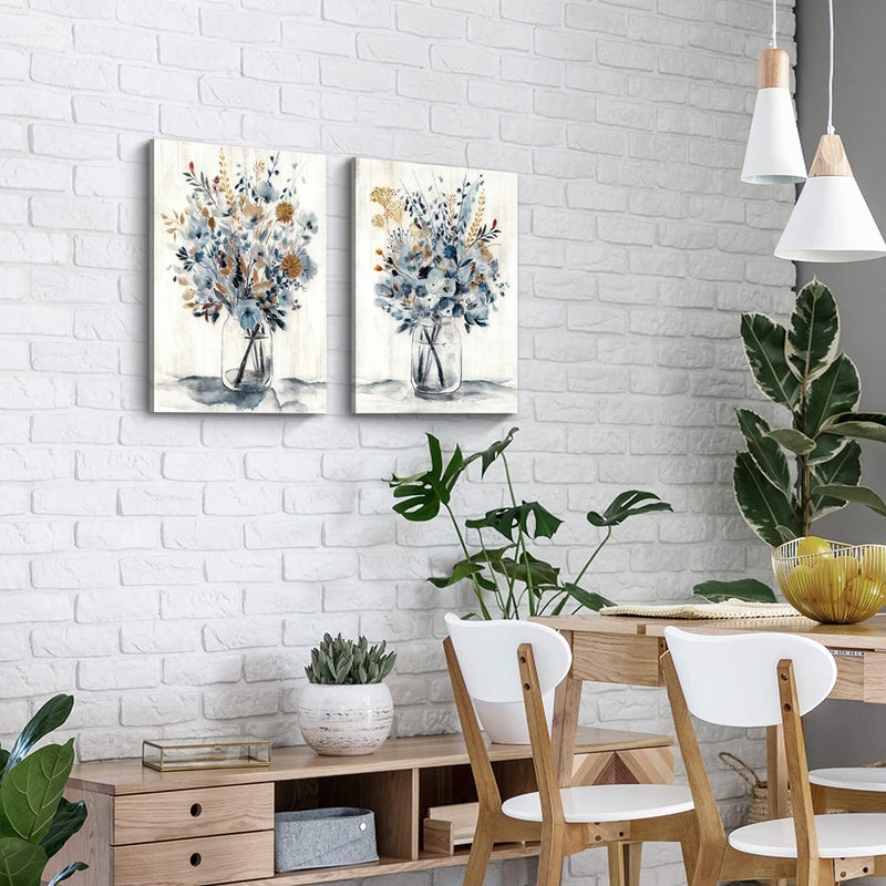 Hardy Gallery Floral Painting Canvas Wall Art: Abstract Flower Bouquet in Glass Bottle Picture Print for Dining Room (18'' x 24'' x 2 Panels) - Image 3